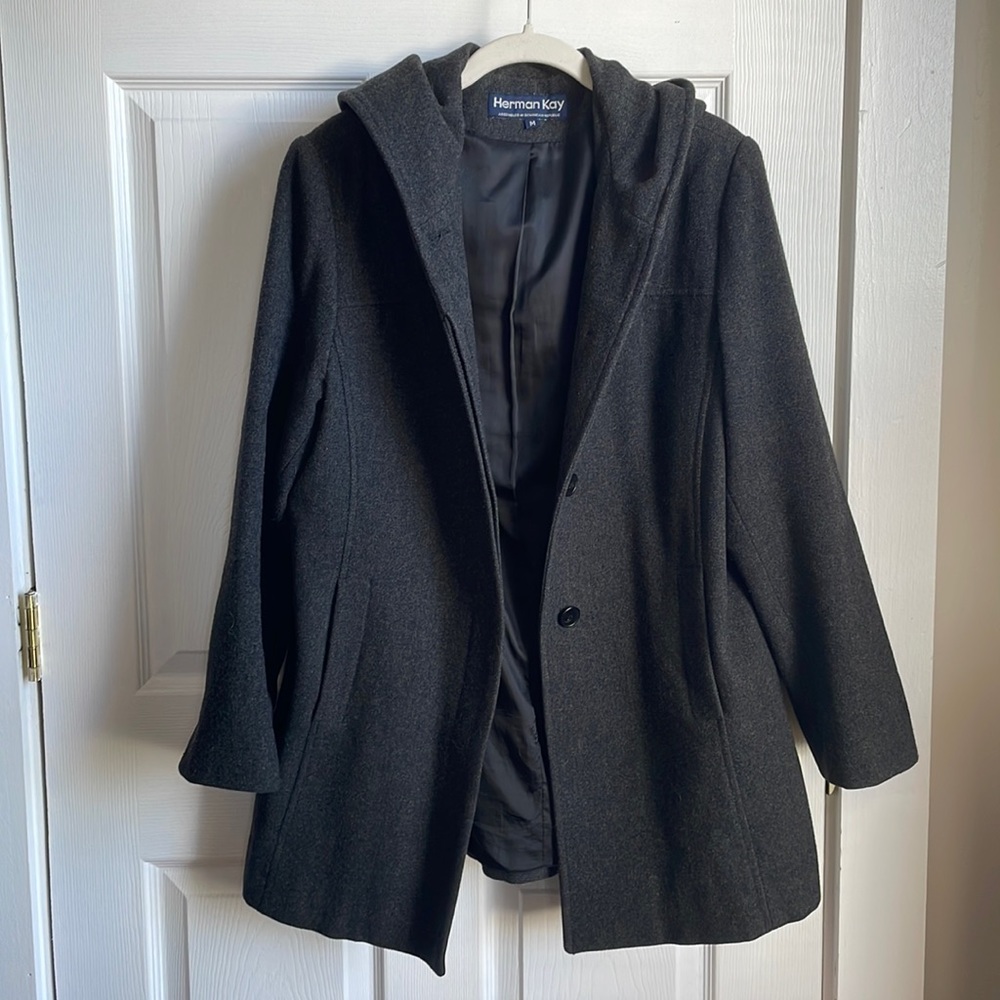 Herman Kay Grey Wool Peacoat Medium
